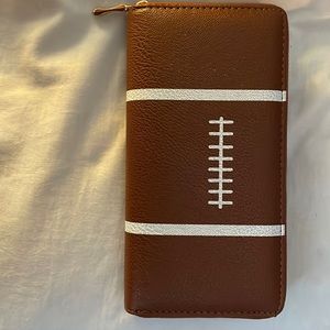 Football wallet with multiple openings for credit cards, cash and coins